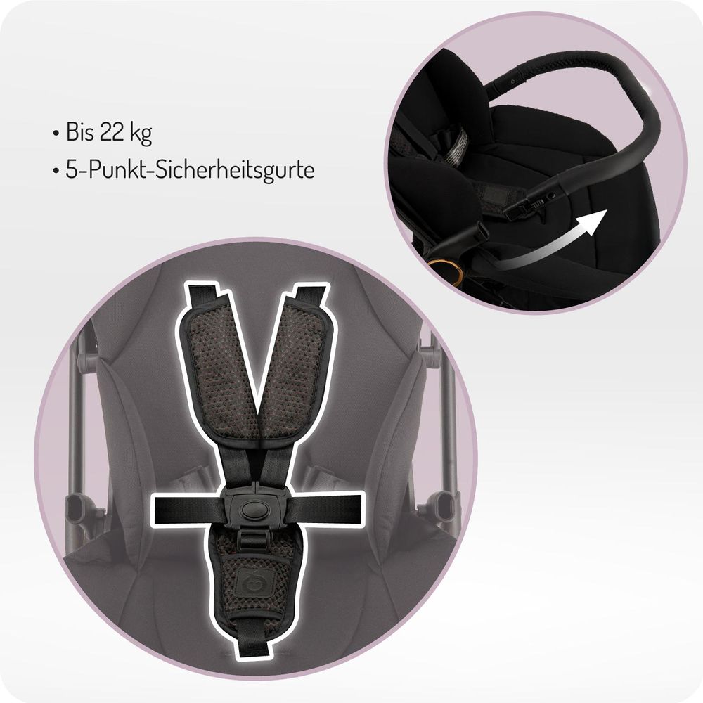 MoMi ADELLE – Leichter Kompaktbuggy mit 360° drehbarem & umkehrbarem Sitz, verstellbar, XL-Dach – Schwarz/Rot