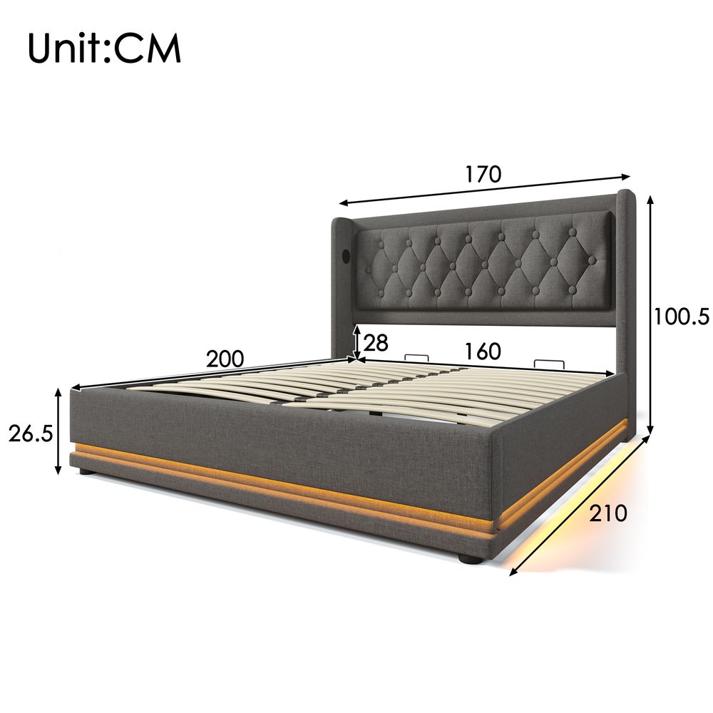Flieks Polsterbett 160x200cm mit USB & Typ-C, Doppelbett Jugendbett mit LED, Hydraulisches Stauraumbett Boxspringbett mit Lattenrost, Baumwolle, Grau