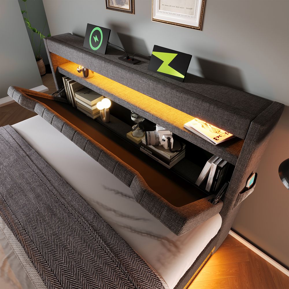 Flieks Polsterbett 140x200cm mit Ladefunktion (USB & Type-C), Doppelbett Jugendbett mit Led, Stauraumbett Boxspringbett mit Stauraum, Leinen, Grau