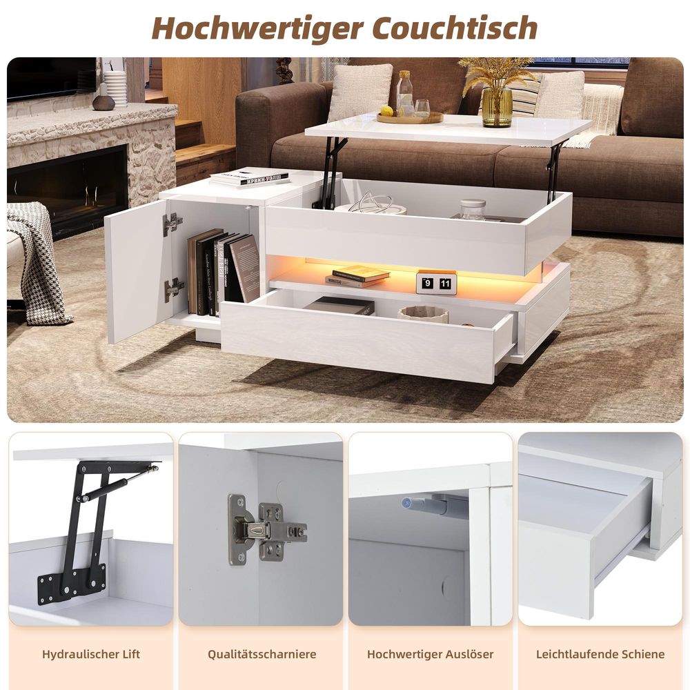 STILVORA Couchtisch mit Hebefunktion und LED, Wohnzimmertisch mit Schublade und Schrank, Beistelltisch mit verstecktem und halboffenem Stauraum, Weiß