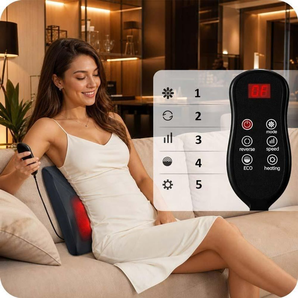 REVENTO® Relax Masážny vankúš 4 hlavice Vyhrievanie Krk Chrbát Ramená Diaľkový ovládač Čierny