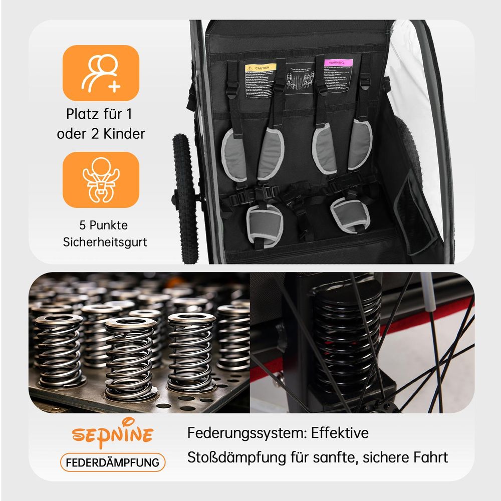 BT920 2‑in‑1 Kinder‑Fahrradanhänger, Aluminium‑Rahmen, 40 kg Tragfähigkeit, für 1‑2 Kinder, Maße: 75 × 28 × 71 cm,Schwarz
