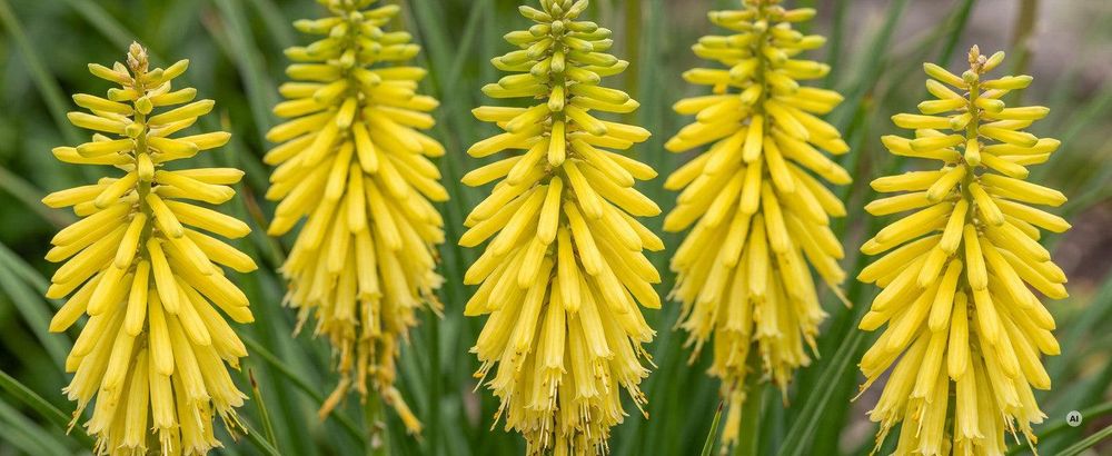 Blütenkerzen der Kniphofia 'Lemon Popsicle' in klarem Zitronengelb
