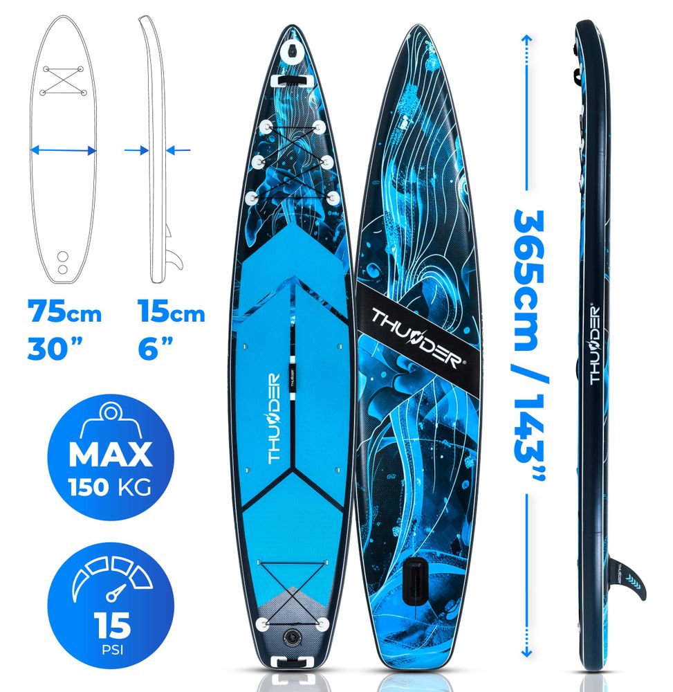 THUNDER® | BLUET 365 | SUP Board Set | 365 cm | aufblasbar | Kajakfunktion | Zubehör | Traglast 150 kg