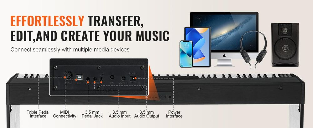 VEVOR Digitalpiano, 88 Tasten, Elektrisches Klaviere, Doppeltastatur und Lautsprecher, einfache Gehäusehalterung mit Kopfhörer, 200 Töne und Rhythmen, unterstützt Bluetooth/USB/MIDI, für Anfänger