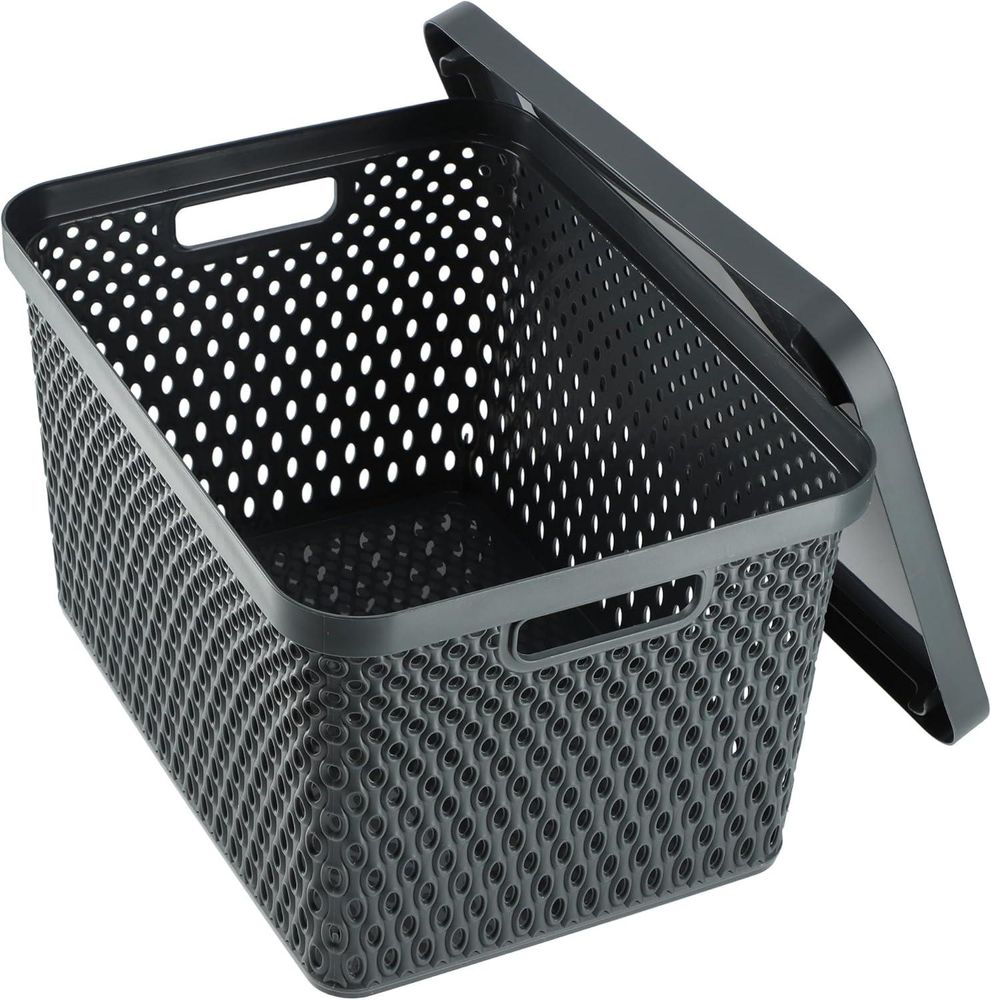 KADAX Aufbewahrungskorb, Korb mit Deckel, Aufbewahrungskiste, Aufbewahrungsbox aus Plastik (18L, Grau)