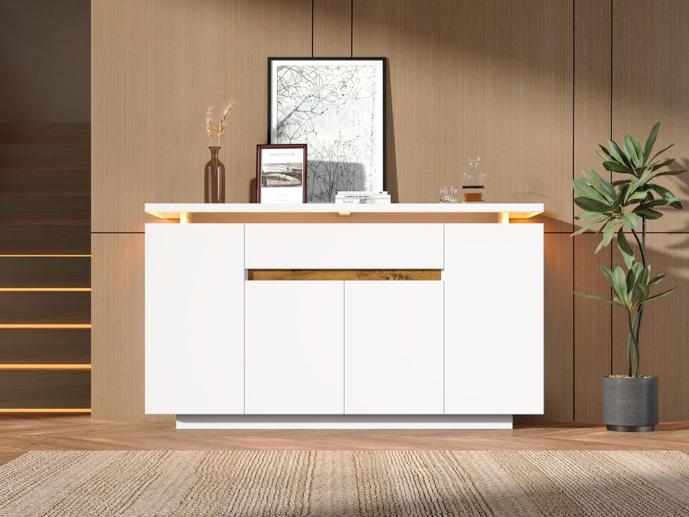 Merax Kommode Sideboard mit LED-Beleuchtung, 1 Schublade, 4 Türen, Viel Stauraum für Wohnzimmer, Flur oder Küche, Anrichte, Weiß, 140 x 40 x 80 cm