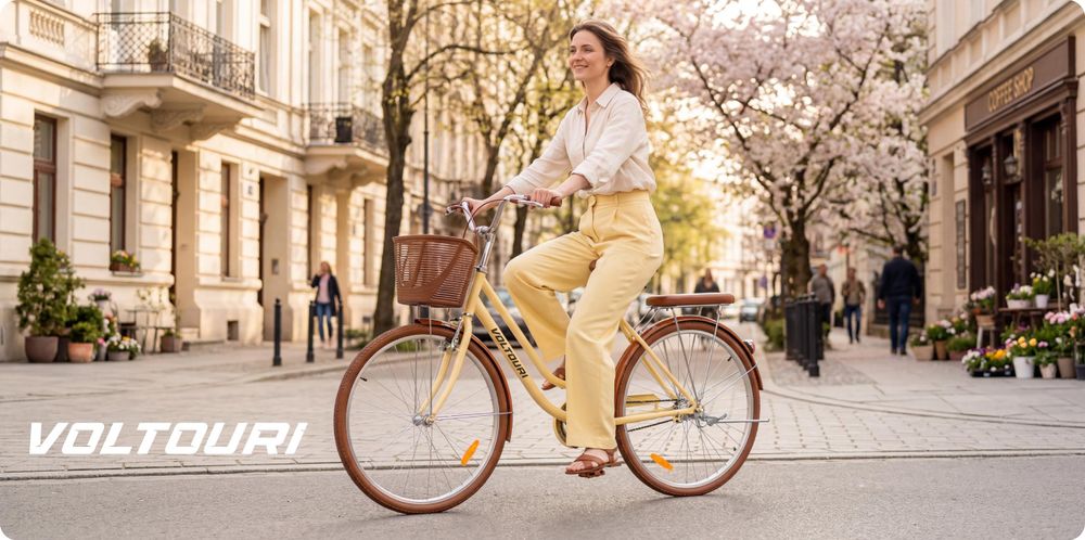 Damen Citybike 28 Zoll VOLTOURI Retro Fahrrad Korb Gepäckträger Stahlrahmen 17" Hellgelb