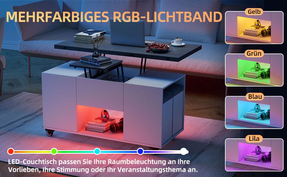 Couchtisch mit 4 Hockern& LED,  Verwandlungs Esstisch, ausziehbarer Tischplatte, Universalrad, Höhenverstellbar, Spart Platz, 105 * 100/50 * 55.5 cm