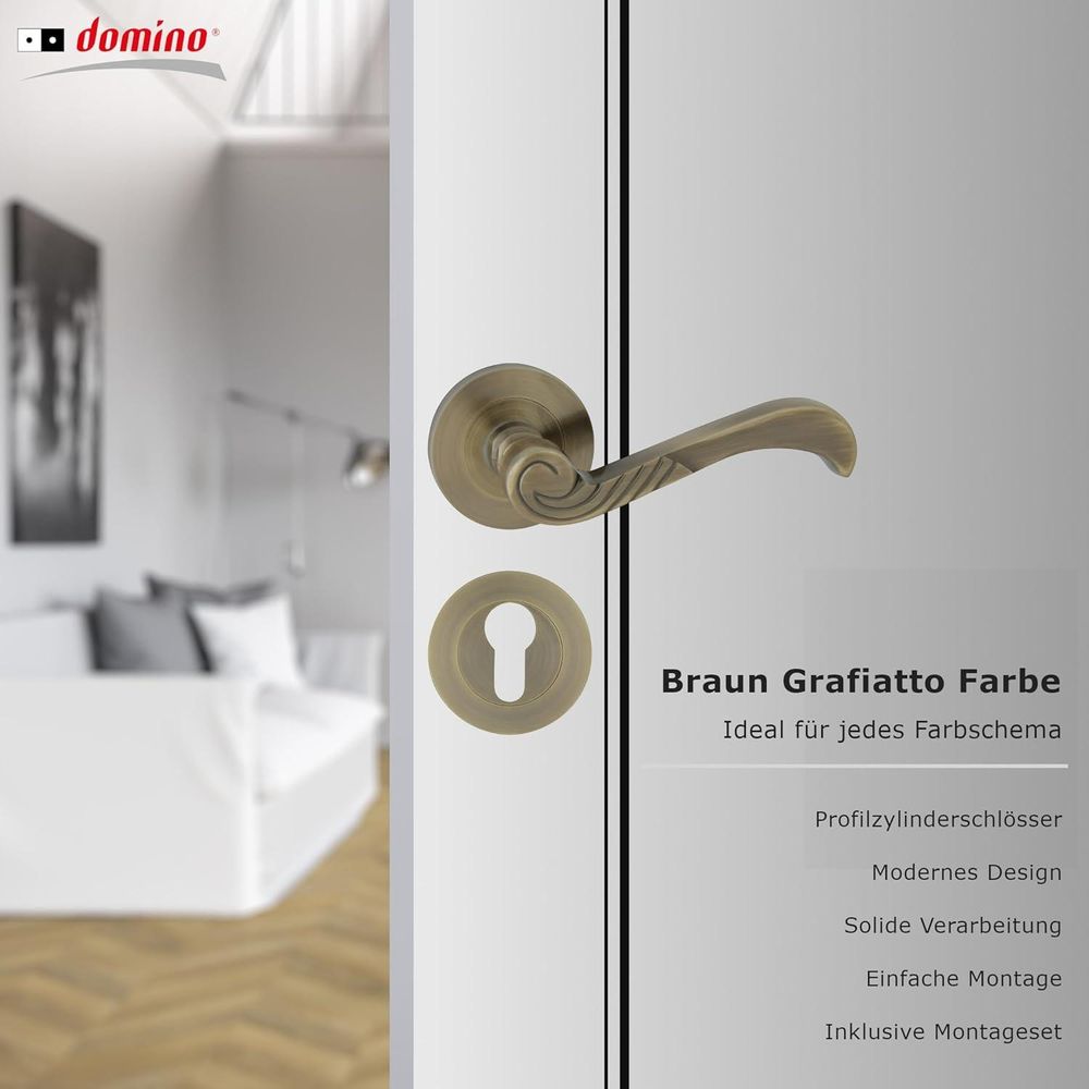 DOMINO Türgriff Drückergarnitur PZ- Profilzylinder | Rund-Rosette | Türklinke für Bürotür, Kellertür & Innentür | Aluminium | Bronze | CASABLANKA-R M3