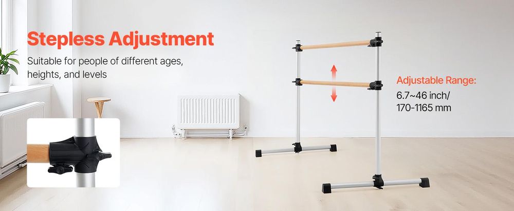 VEVOR Ballettstange Tanzstange freistehende Doppelstange, höhenverstellbare (170-1165 mm) Stretchstange aus Holz für Ballettübung, Gleichgewichtstraining, Entspannungsübungen