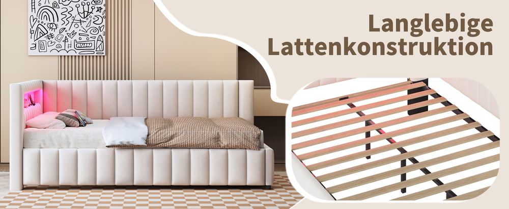 okwish Daybett Polsterbett 140x200, Schlafsofa mit LED-Licht und USB-Ladeanschluss,mit Rückenlehne und Kopfteil,Samtstoff,Beige-Ohne Matratze