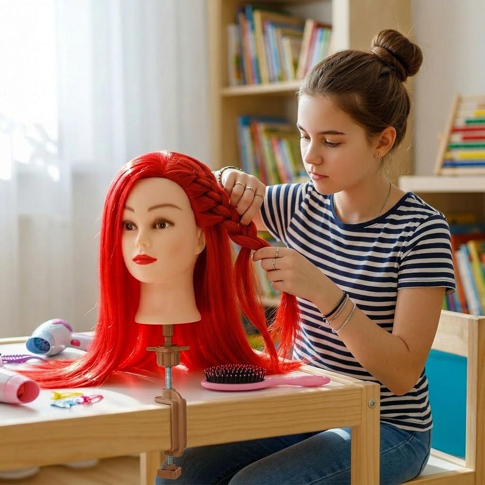 Tête à coiffer d'apprentissage 90 cm Iza cheveux synthétiques thermorésistants + Trépied