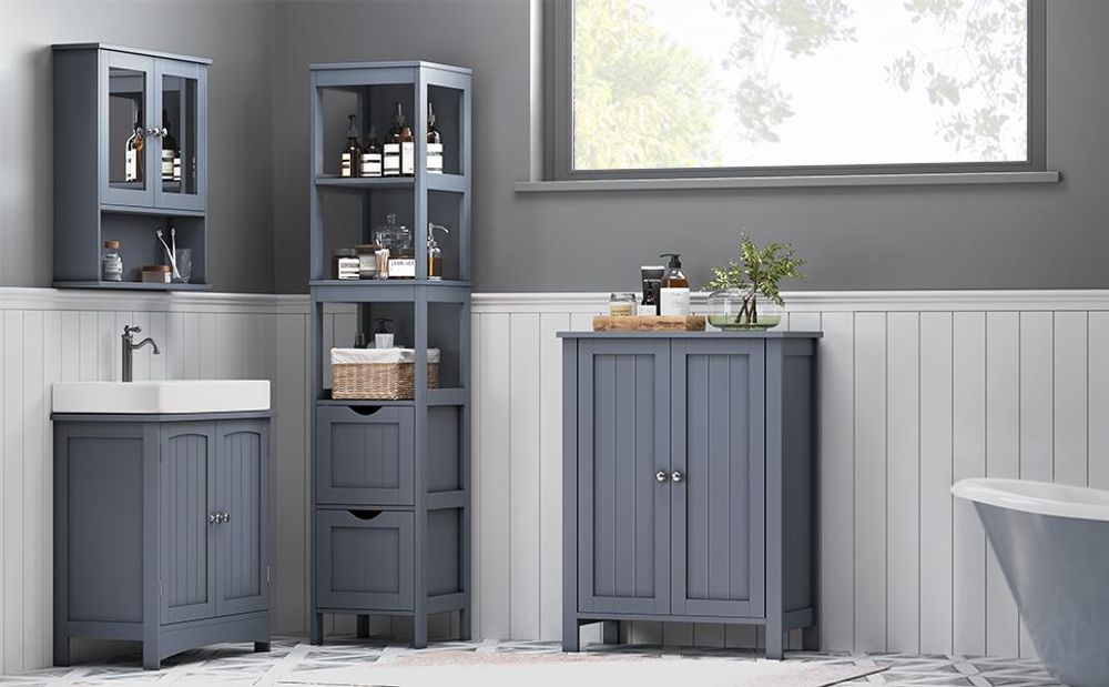 VASAGLE Badschrank doppeltürig 80 x 60 x 30 cm aus MDF mit 2 verstellbare Einlegeböden Schuhschrank Badezimmerschrank grau BCB60GY