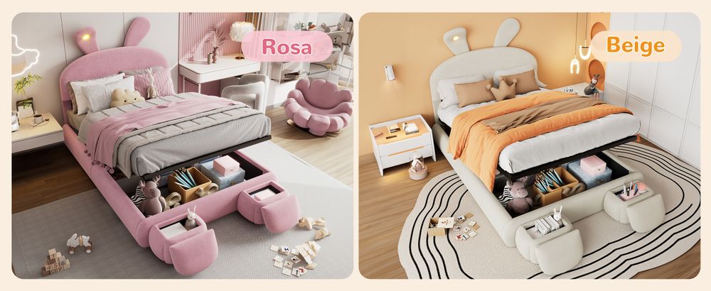 MODFU Kinderbett Polsterbett 140×200 cm mit warmfarbene LED-Licht, Jugendbett Doppelbett mit Kopfteil in Hasenohrenform und zwei Aufbewahrungshockern, Samt(Ohne Matratze), Boxspringbett Hydraulisches mit Bettkasten Stauraum, Samt Beige