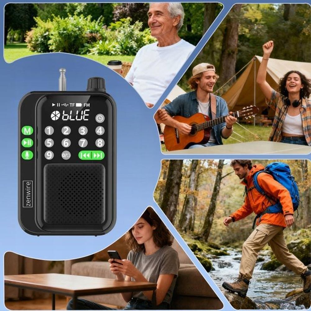 Mini FM rádio, kapesní rádio, Bluetooth, přenosné rádio, rádio na stavbu, zenwire