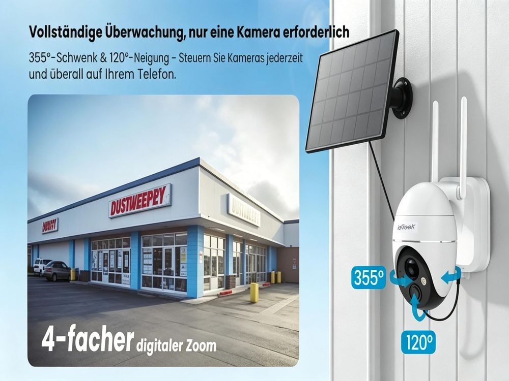 ieGeek Solar Überwachungskamera Aussen Akku WLAN Kamera mit Solarpanel Outdoor 3MP UHD Farbnachtsicht, Automatische Verfolgung, 2-Wege Audio ( 2 Stk)