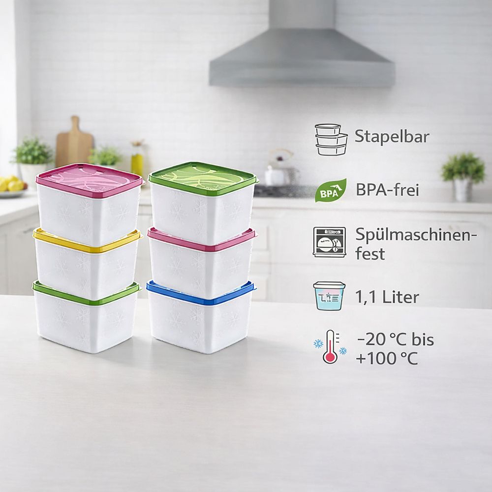 6 x Hochwertige Gefrierdosen mit Deckel 1100 ml Tiefkühldosen Gefrierbox Tiefkühlbox Vorratsdosen luftdicht