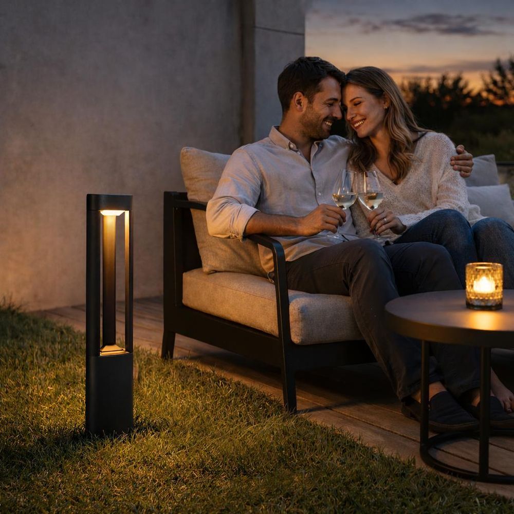 Gartenlampe, breite Lichtverteilung, beleuchtet Rasen und Busch bei Nacht.