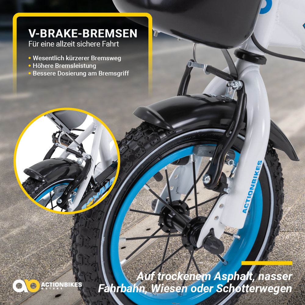 Actionbikes Kinderfahrrad Donaldo 12 Zoll | Kinder Fahrrad - V-Brake Bremsen - Kettenschutz - Fahrradständer - Fahrradkorb - 2-5 Jahre (Blau/Weiß)