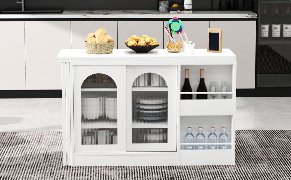 Merax Esstische Bartisch 360°Drehbar, Ausziehbar Reversibel Esszimmertisch Sideboard mit Glastür, Lagerregal, Küchentisch,  Weiß