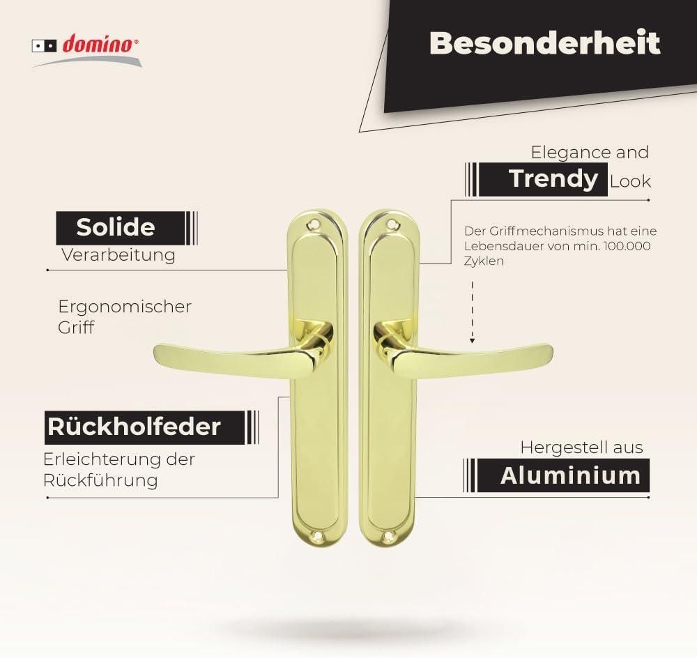 DOMINO Türgriff Blind Drückergarnitur | Langschildgarnitur | Türklinke für Zimmertür, Bürotür, Kellertür & Innentür | L-Form | Türbeschläge aus Aluminium |Gold Türdrückergarnitur | NOVA 1