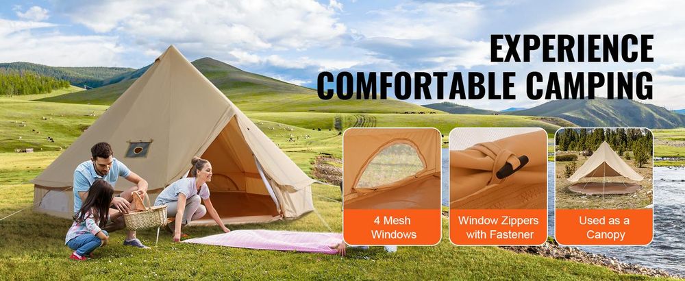 VEVOR Glockenzelt 3 x 2 m Jurten Zelt TC-Baumwolle und robusten Eisenstangen mit einer PVC-Bodenplane Campingzelt 4 Personen Familienzelt 8 Fenster Gruppenzelt für Outdoor-Abenteuer