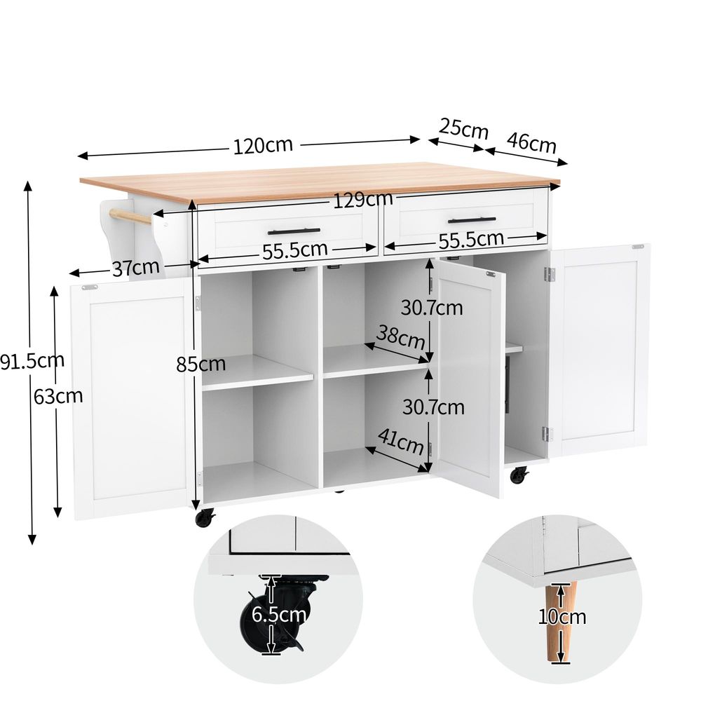 Flieks Servierwagen Kücheninselwagen mit Erweiterbarer Arbeitsplatte, Küchentrolley Speisewagen mit Schubladen, Kücheninsel 129x46-71x91.5cm, Weiß