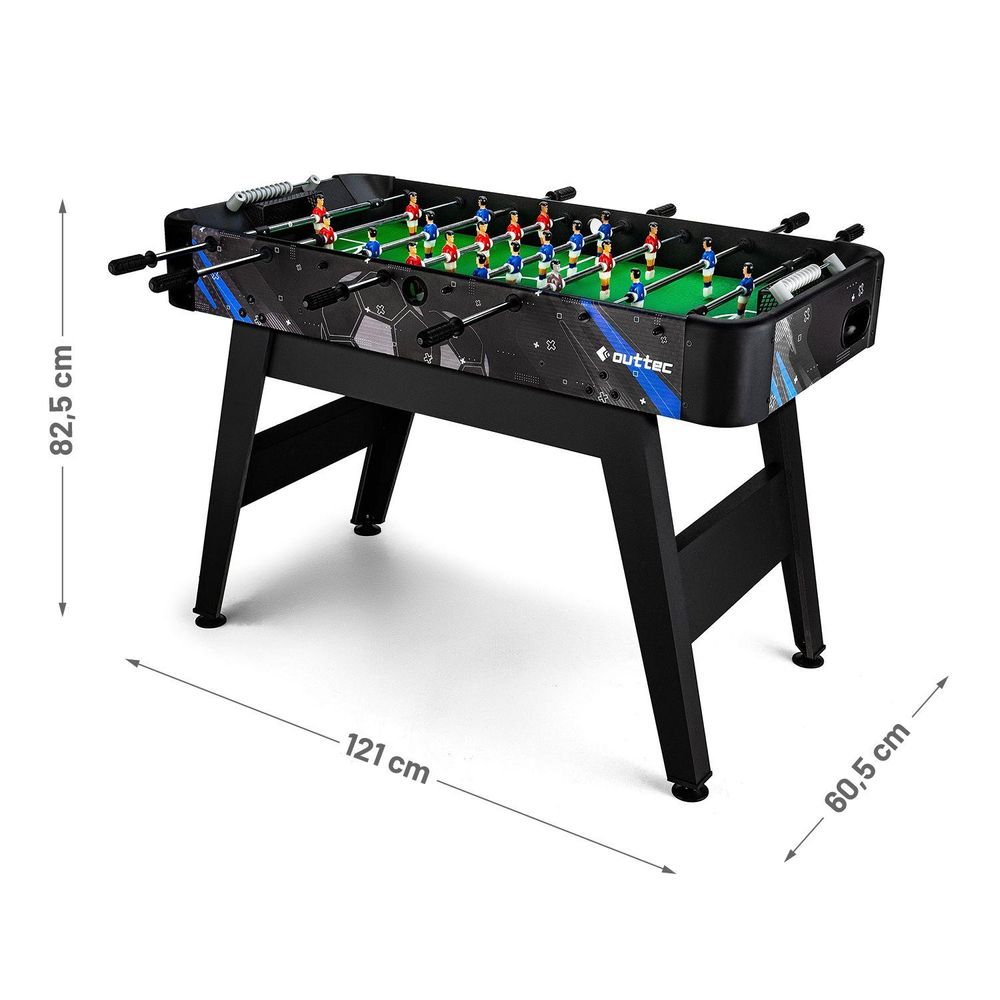 Ansicht des Outtec Tischfußballspiels mit Maßen: 121 cm Länge, 60,5 cm Breite, 82,5 cm Höhe