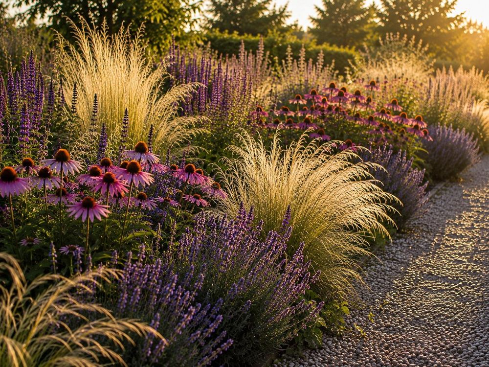 Federgras in Präriebeet mit Echinacea, Salvia und Lavendel
