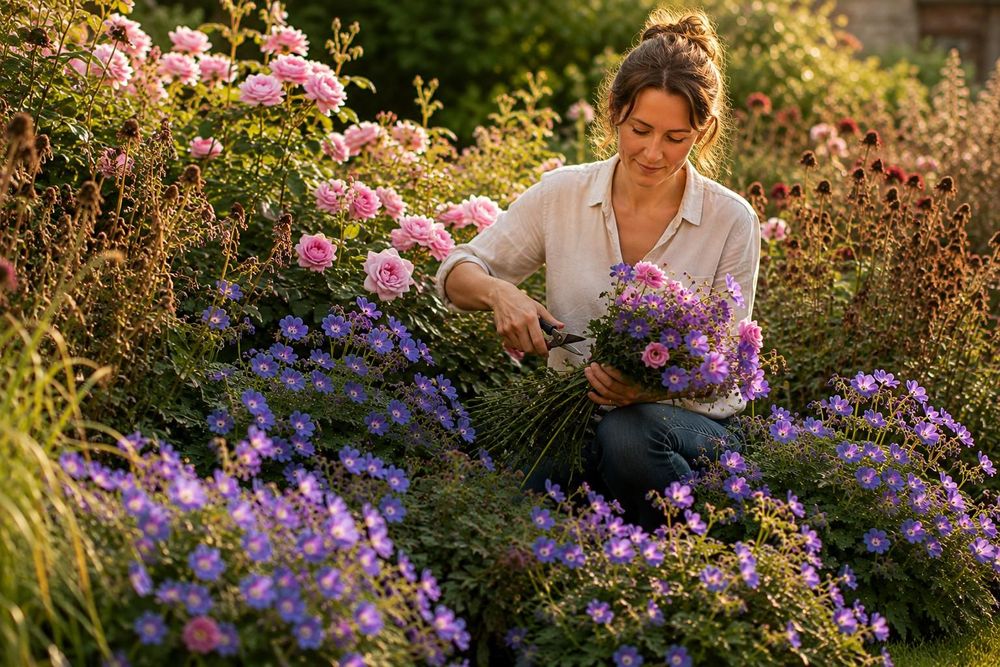 Geranium Rozanne blüht violettblau in gemischter Staudene