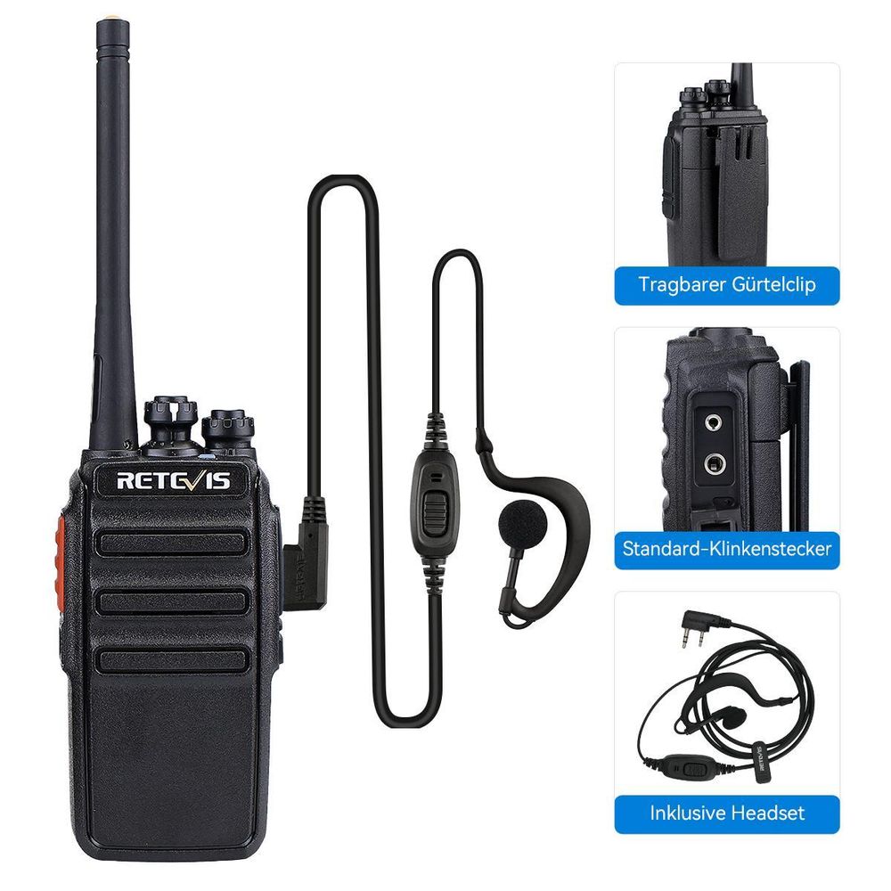 Retevis RT24 Walkie Talkie PMR446 Lizenzfreies, Professionelles Funkgeräte mit Großer Reichweite, mit Headset USB-Ladegerät, für Schule, Radfahren