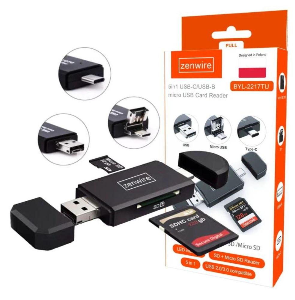 Čtečka karet SD - 5 v 1 - USB 3.0 - USB-C - Micro USB - OTG - SD a microSD TF - Plug and Play - černá