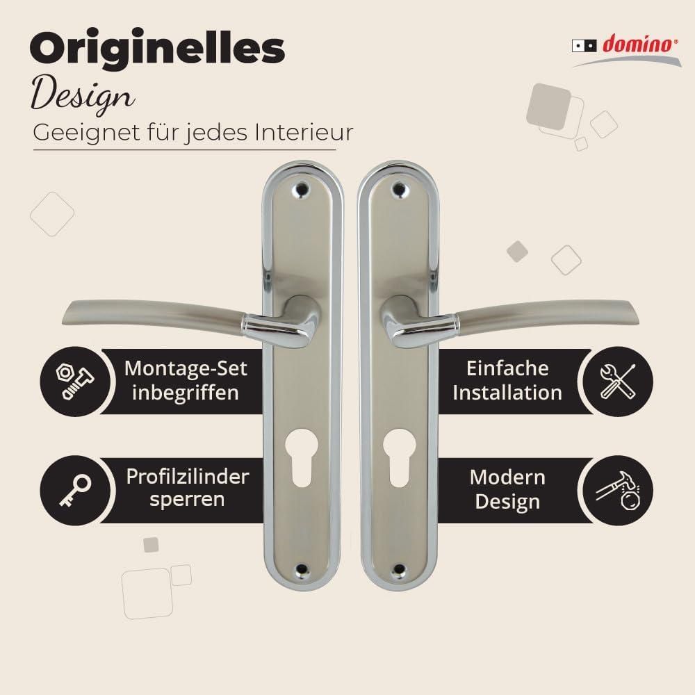 DOMINO Türgriff 72 Drückergarnitur PZ - Profilzylinder Set | Türklinke für Zimmertür, Bürotür, Kellertür & Innentür | L-Form | Türbeschläge aus Aluminiuml | Chrom/Nickel Türdrückergarnitur | PRESTO M6/M9