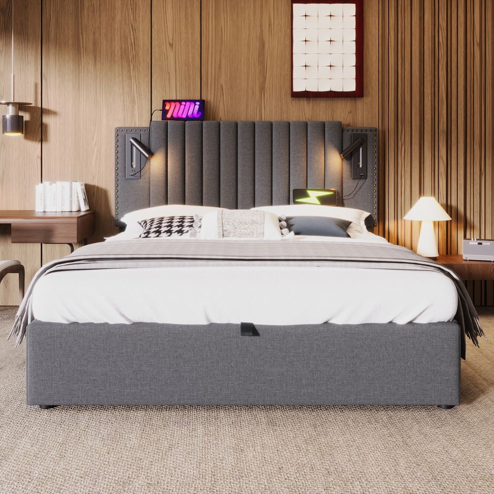 Flieks Polsterbett 160x200cm mit Leselampe, Doppelbett Stauraumbett Boxspringbett mit Ladefunktion (USB, Typ-C), Jugendbett mit Lattenrost, Baumwolle