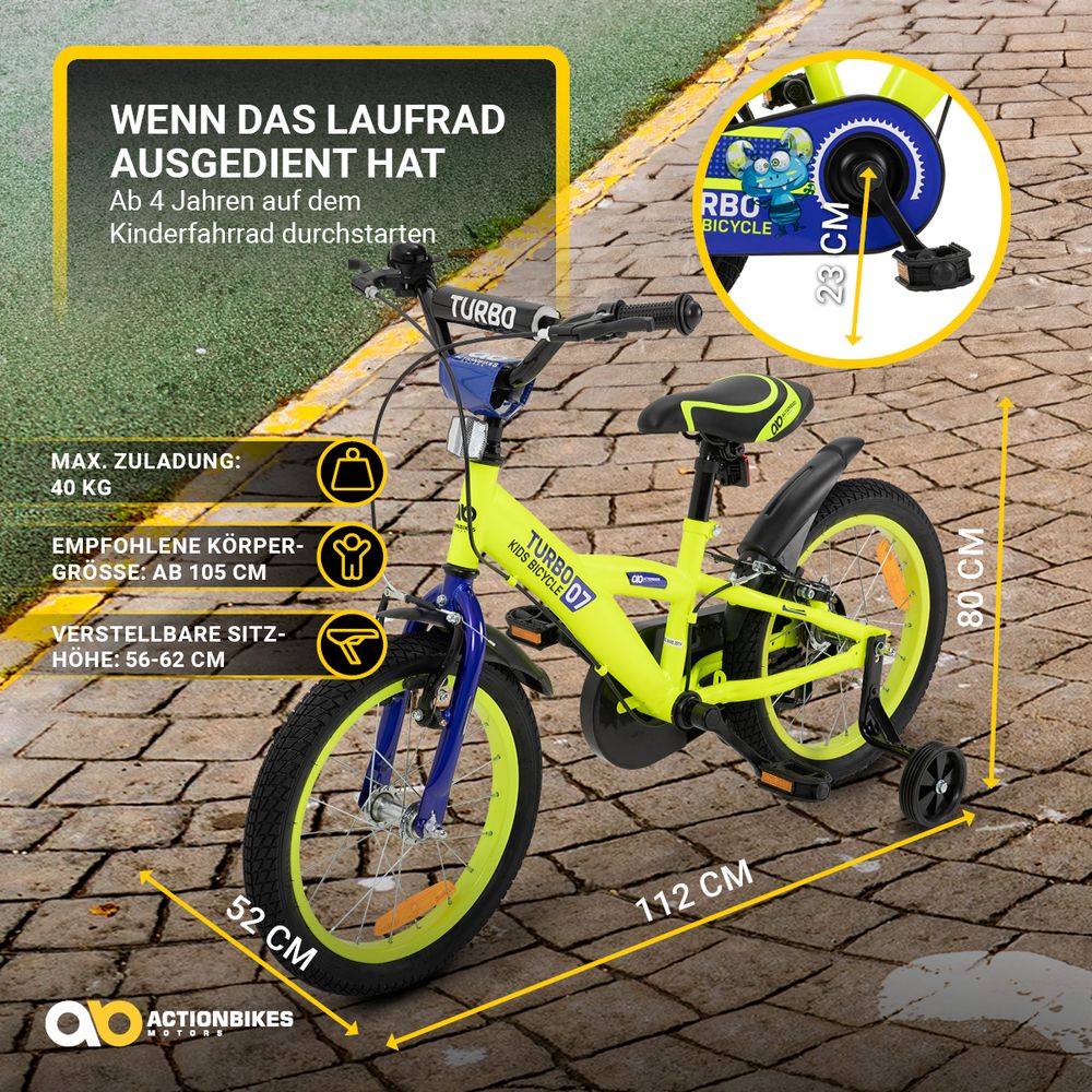 Actionbikes Kinderfahrrad Turbo 16 Zoll | Kinder Fahrrad für Jungen & Mädchen - Bicycle - V-Brake Bremsen - Kettenschutz - 4-7 Jahre (Gelb/Blau)