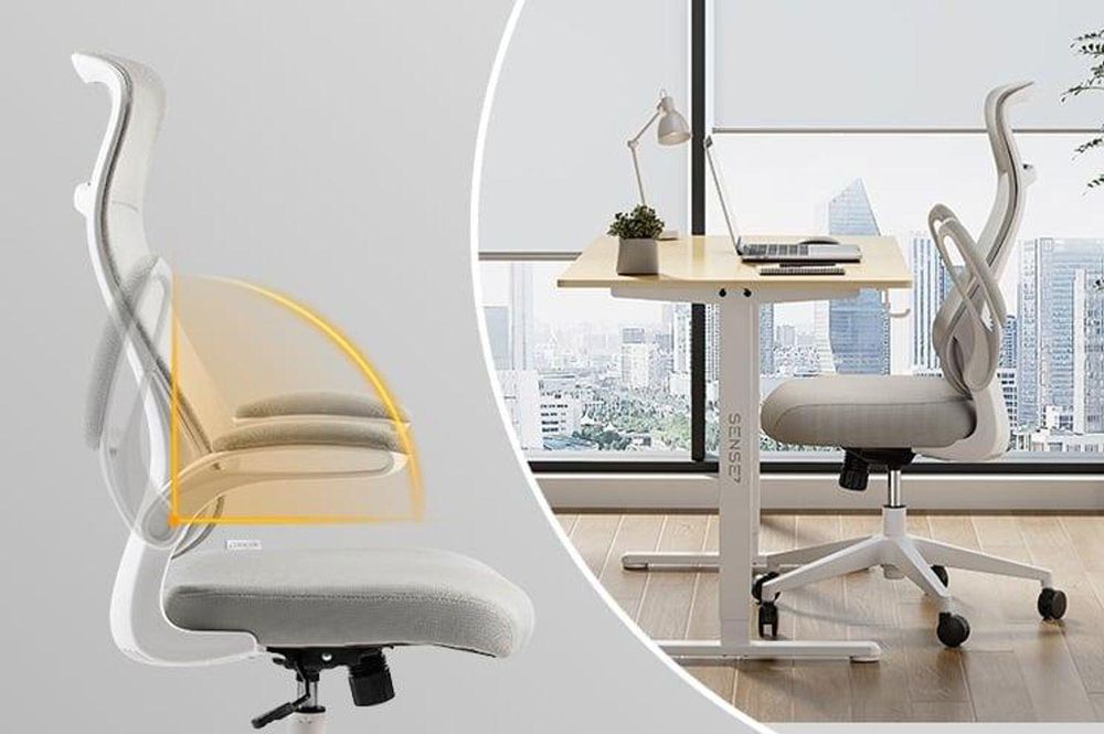 SENSE7 Revo Ergonomiczne krzesło biurowe Krzesło do biurka Szare Składane podłokietniki Siatkowe oparcie Funkcja kołysania Krzesło do domowego biura Krzesło szefa Krzesło komputerowe Białe 140 kg
