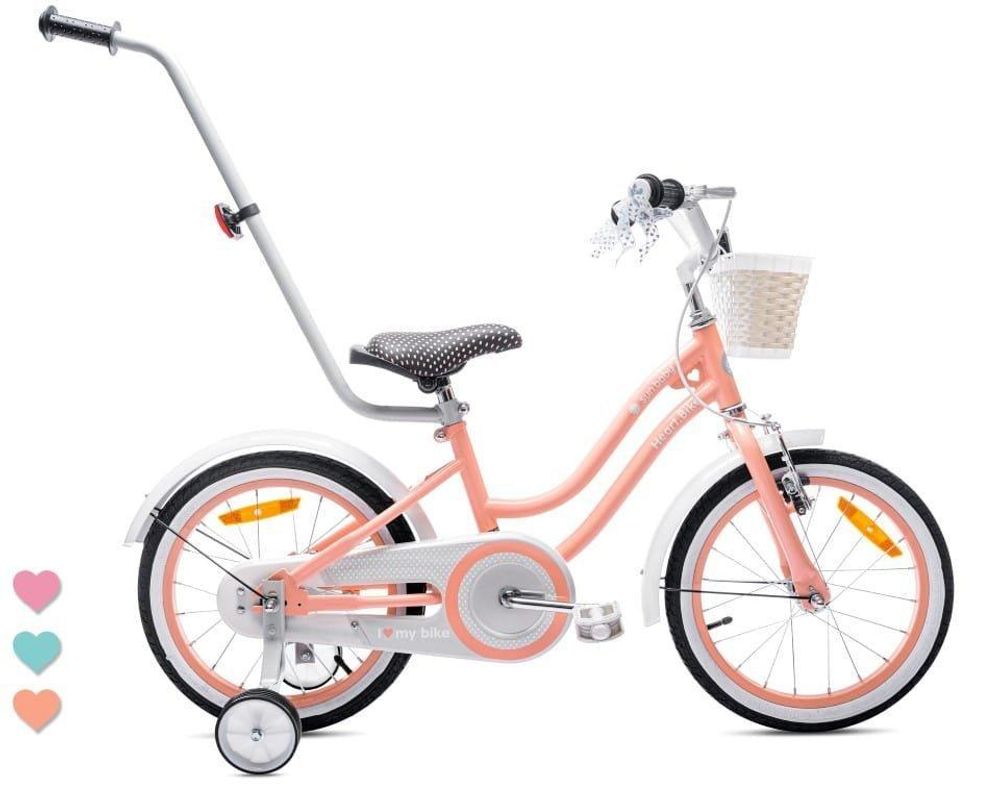 Bicicleta SUN BABY vista lateral con barra de empuje y ruedines