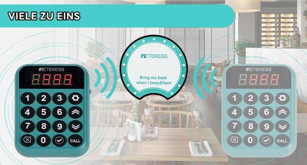 Retekess TD168R Pager System Restaurant, Pager Pieper, 400M, Alarm außerhalb der Reichweite, 7 Rufmodi, Service Countdown Zeit, Gastro Pager für Bar