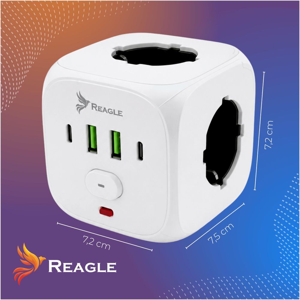 Reagle Cube Steckdosenleiste Würfel 3-fach & 4 USB (2x USB-A, 2x USB-C), Mehrfachsteckdose 7-in-1 mit Schalter, Überlastschutz 2500W
