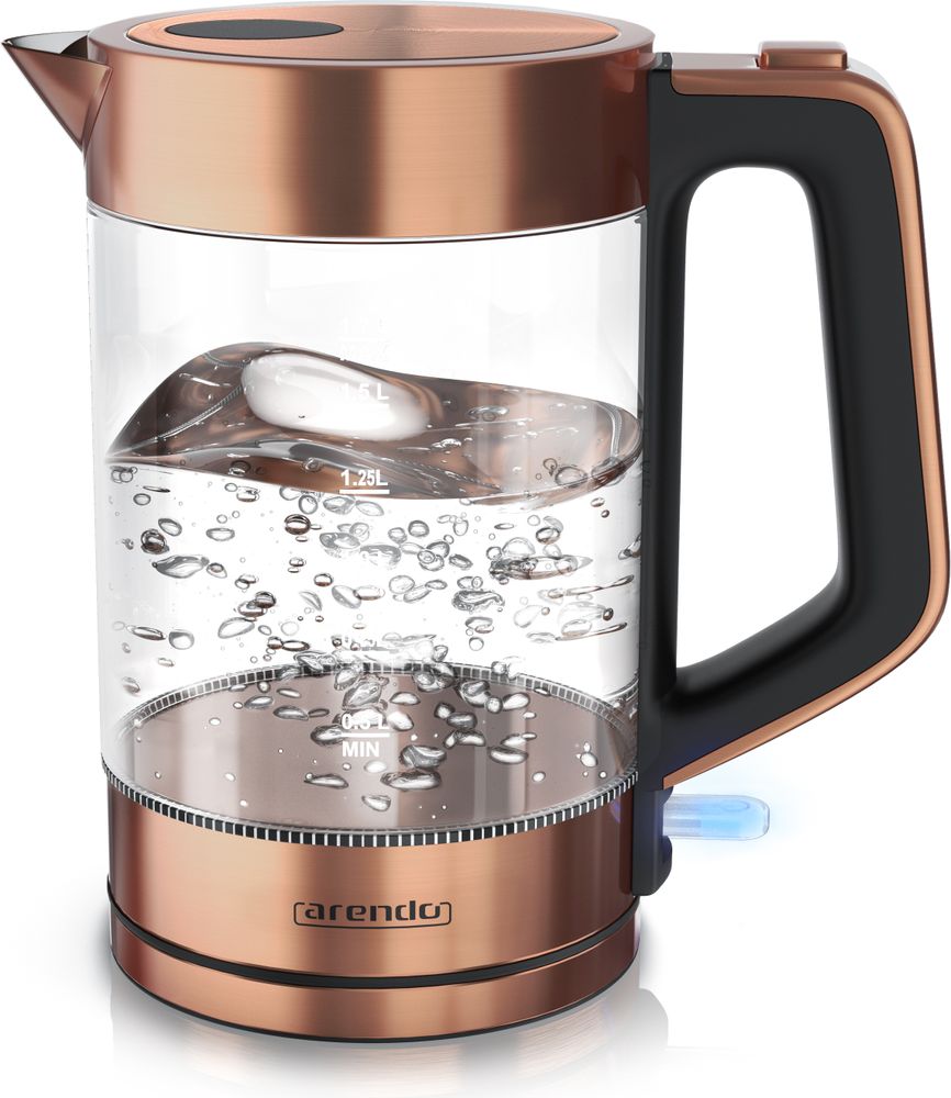 Arendo Wasserkocher 1,7 l, 2200 W, Edelstahl & Glas, Cool-Touch-Griff, Füllstandsanzeige, Kupfer