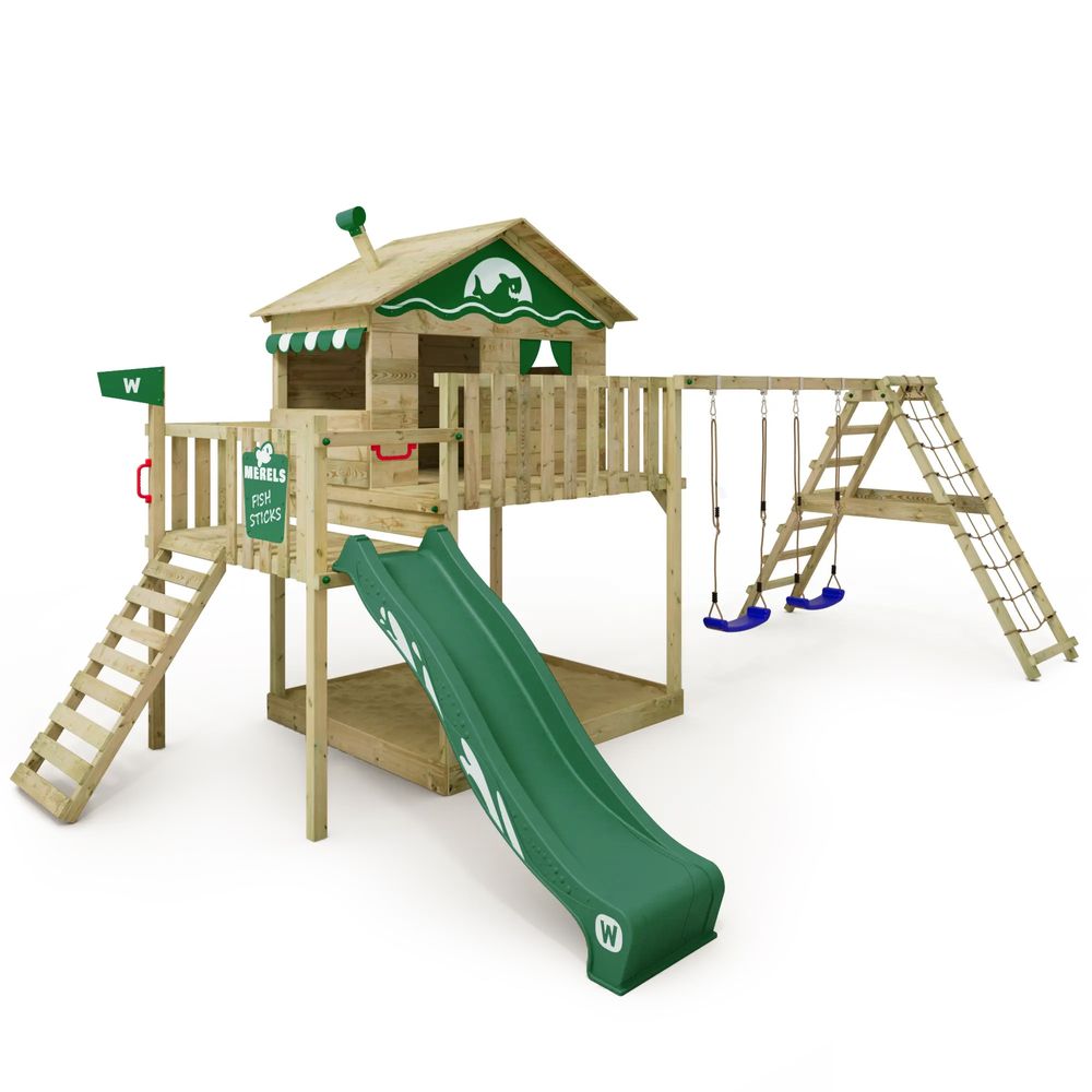 WICKEY Spielturm Klettergerüst Smart Ocean mit Schaukel & Rutsche, Stelzenhaus mit Sandkasten, Kletterleiter & Spiel-Zubehör - grün