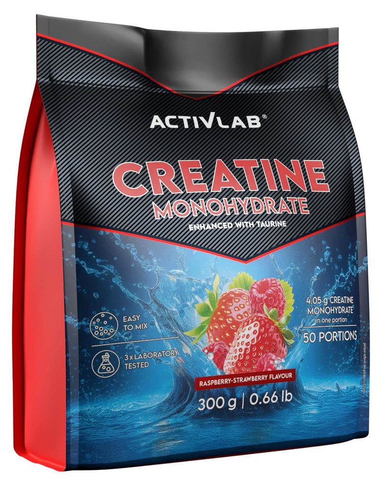 Activlab Creatine Monohydrate – Kreatyna z Tauryną, Proszek Przedtreningowy, Truskawka-Malina, 300 g