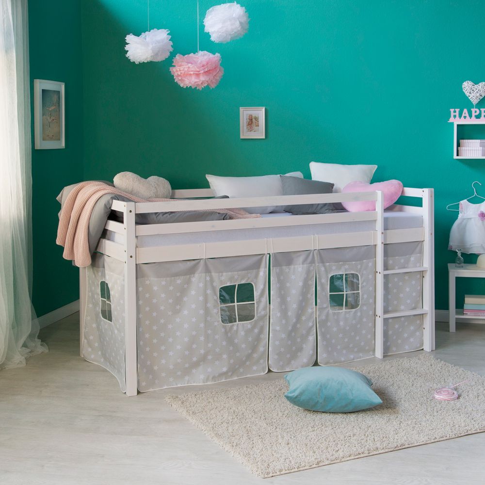 Homestyle4u Kinder Hochbett 90x200 weiss mit Sternen Vorhang