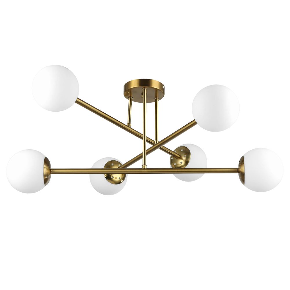 MasterLED Deckenleuchte 6-flammig, Mid-Century Design Kugellampe, Retro Wohnzimmerlampe aus Milchglas & Messing, E27, Gold