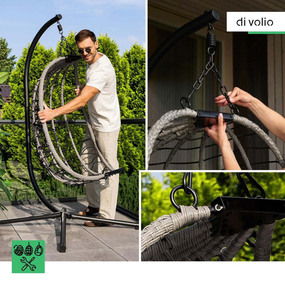 di volio Hängesessel mit Gestell CORTA grau, Hängestuhl für Indoor & Outdoor, bis 150 kg belastbar, Hängeschaukel aus robusten Materialien, inkl. Kissen, klappbar