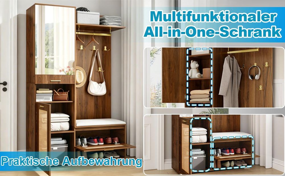 okwish Flurschrank Kleiderschrank mit Spiegel und Schuhschrank,Wandgarderobe mit Stauraumfach und LED-Beleuchtung,Nussbaum