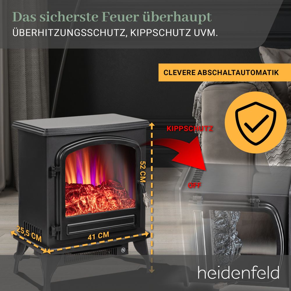 Heidenfeld Elektrokamin EK100 | Standkamin mit Glasfront - 2 Heizstufen - 1000-2000 Watt - bis 30m² - Realistischer 3D-Flammeneffekt - LED