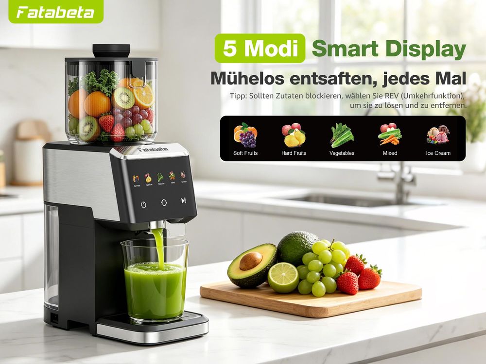FATABETA Entsafter Slow Juicer 135 mm Große Öffnung elektrisch entsafter für Gemüse und Obst 1,6 L Füllvolumen mit 2 Gläsern, Elektrische Saftpresse