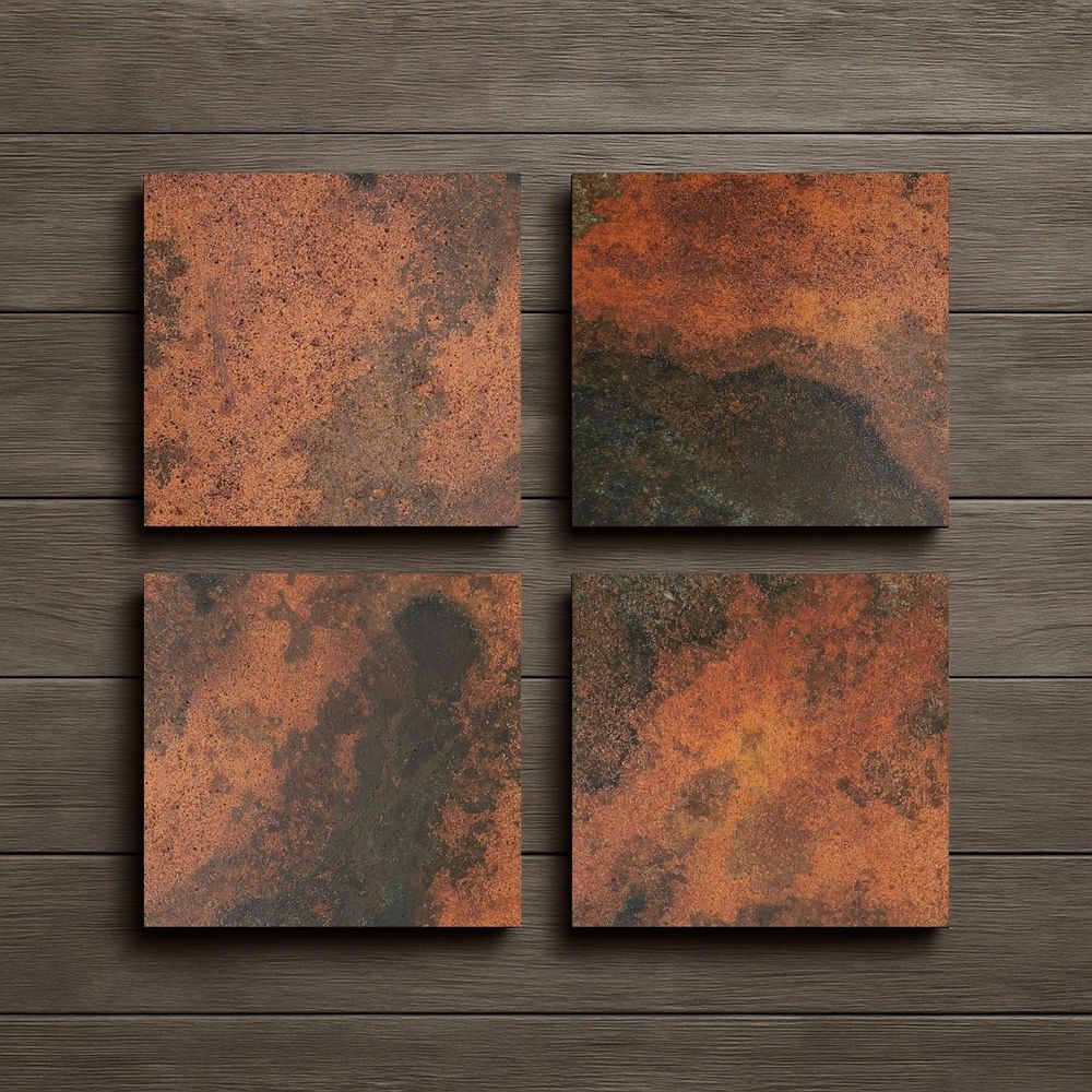 CopperAndCraft Kupfer Wandkunst 4er Set, Handgefertigtes Metallbild mit Patina, Rustikale und Moderne Wanddeko für Wohnzimmer Küche Kaminwand,